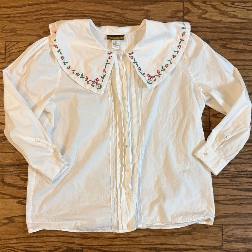 Vintage Bryn Connelly White Blouse Women 18W Embroidered Floral Peter Pan Collar
